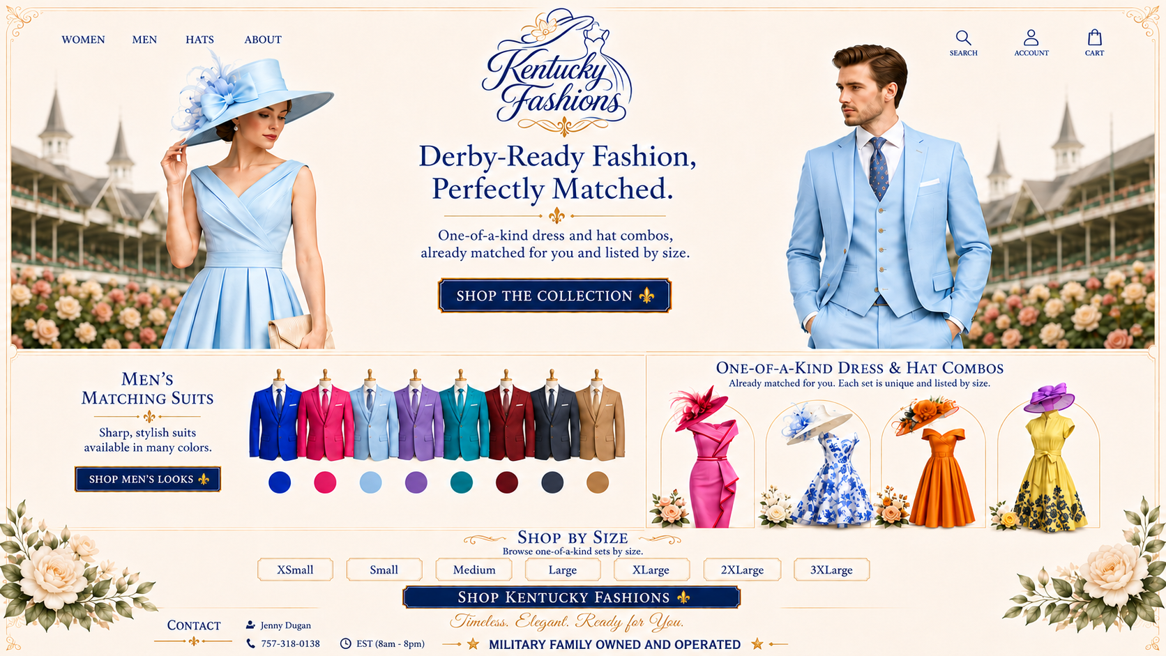 Kentucky Fashions — Derby-ready dresses, hats, matched combinations, and men's suits